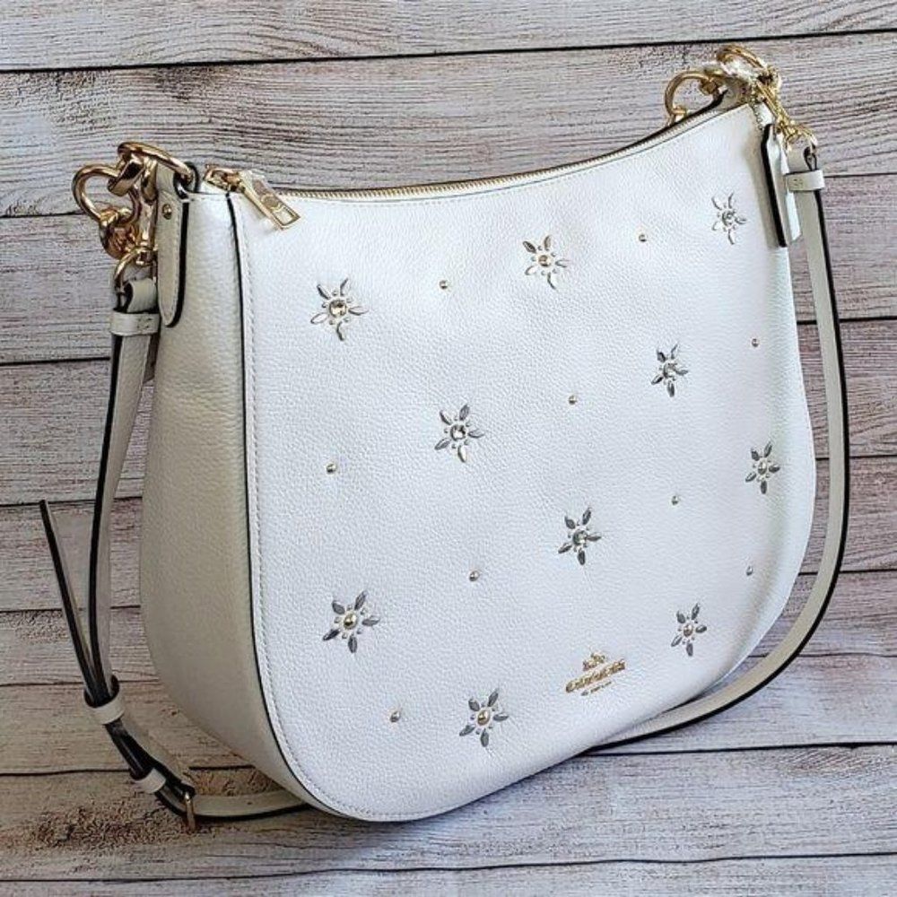 Coach Studded Elle Hobo Refined Pebble Leather Shoulder Crossbody Handbag Chalk - Picture 3 of 15